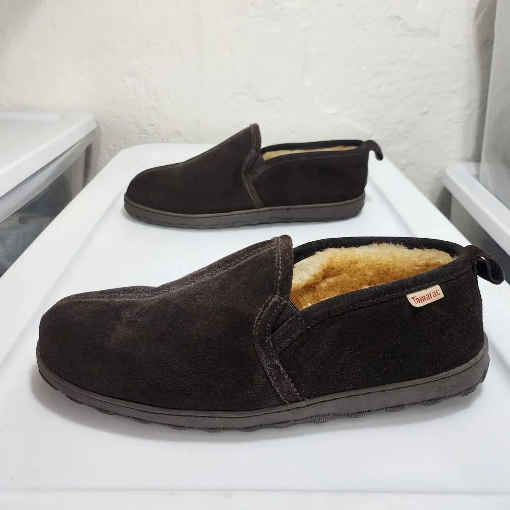 Tamarac Cody Shearling Moccasin Slippers Brown Suede Leather Lambswool Mens 11M